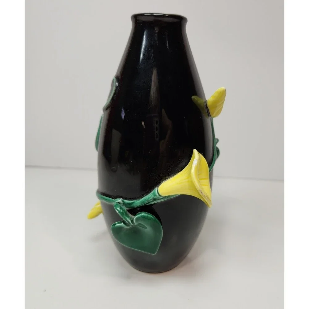 Fitz & Floyd Vintage Floral Vase 6 in. Morning Glory Flowers Black yellow